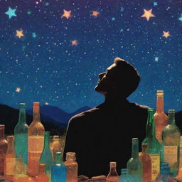 A psychedelic-style image of a man gazing at a starlit night sky, surrounded by scattered bottles of alcohol.