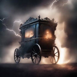 Design a book cover featuring a vanishing carriage being struck by lightning, surrounded by dark smoke