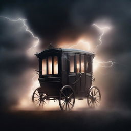 Design a book cover featuring a vanishing carriage being struck by lightning, surrounded by dark smoke