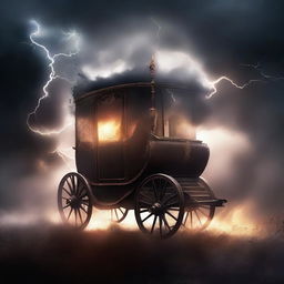 Design a book cover featuring a vanishing carriage being struck by lightning, surrounded by dark smoke