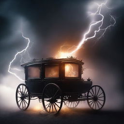 Design a book cover featuring a vanishing carriage being struck by lightning, surrounded by dark smoke