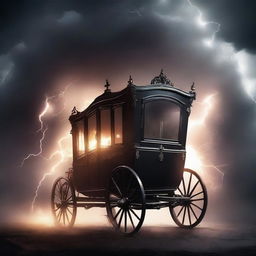 Create a book cover featuring a vanishing carriage being struck by lightning, surrounded by dark smoke