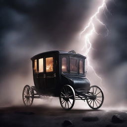 Create a book cover featuring a vanishing carriage being struck by lightning, surrounded by dark smoke