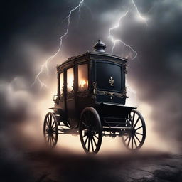 Create a book cover featuring a vanishing carriage being struck by lightning, surrounded by dark smoke