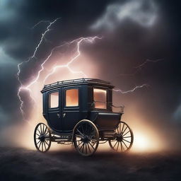 Create a book cover featuring a vanishing carriage being struck by lightning, surrounded by dark smoke