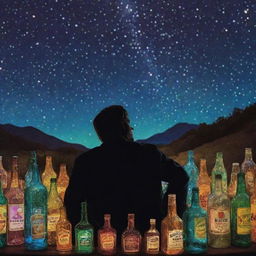 A psychedelic-style image of a man gazing at a starlit night sky, surrounded by scattered bottles of alcohol.