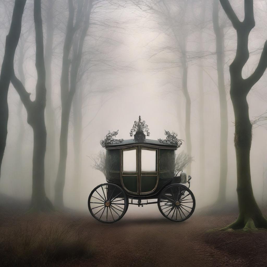 A beautifully designed book cover featuring an elegant, vintage carriage disappearing into a mysterious, foggy forest