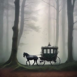 A beautifully designed book cover featuring an elegant, vintage carriage disappearing into a mysterious, foggy forest