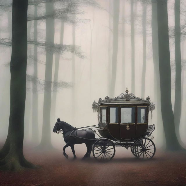 A beautifully designed book cover featuring an elegant, vintage carriage disappearing into a mysterious, foggy forest