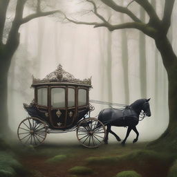 A beautifully designed book cover featuring an elegant, vintage carriage disappearing into a mysterious, foggy forest