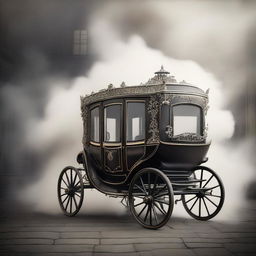 A stunning image of a beautiful vintage carriage partially disappearing in swirling smoke