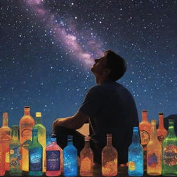 A psychedelic-style image of a man gazing at a starlit night sky, surrounded by scattered bottles of alcohol.