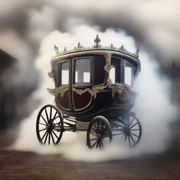 A stunning image of a beautiful vintage carriage partially disappearing in swirling smoke