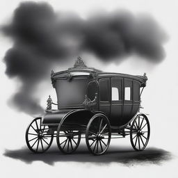 A beautifully drawn image of a vintage carriage partially disappearing in thick, black smoke