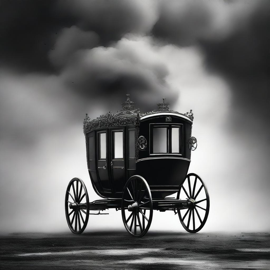 A beautifully drawn image of a vintage carriage partially disappearing in thick, black smoke