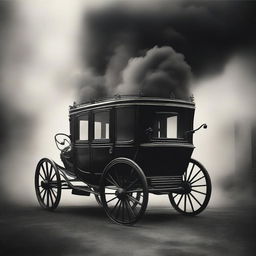 A beautifully drawn image of a vintage carriage partially disappearing in thick, black smoke