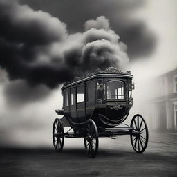 An enchanting image of a beautiful vintage carriage partially disappearing in thick black smoke