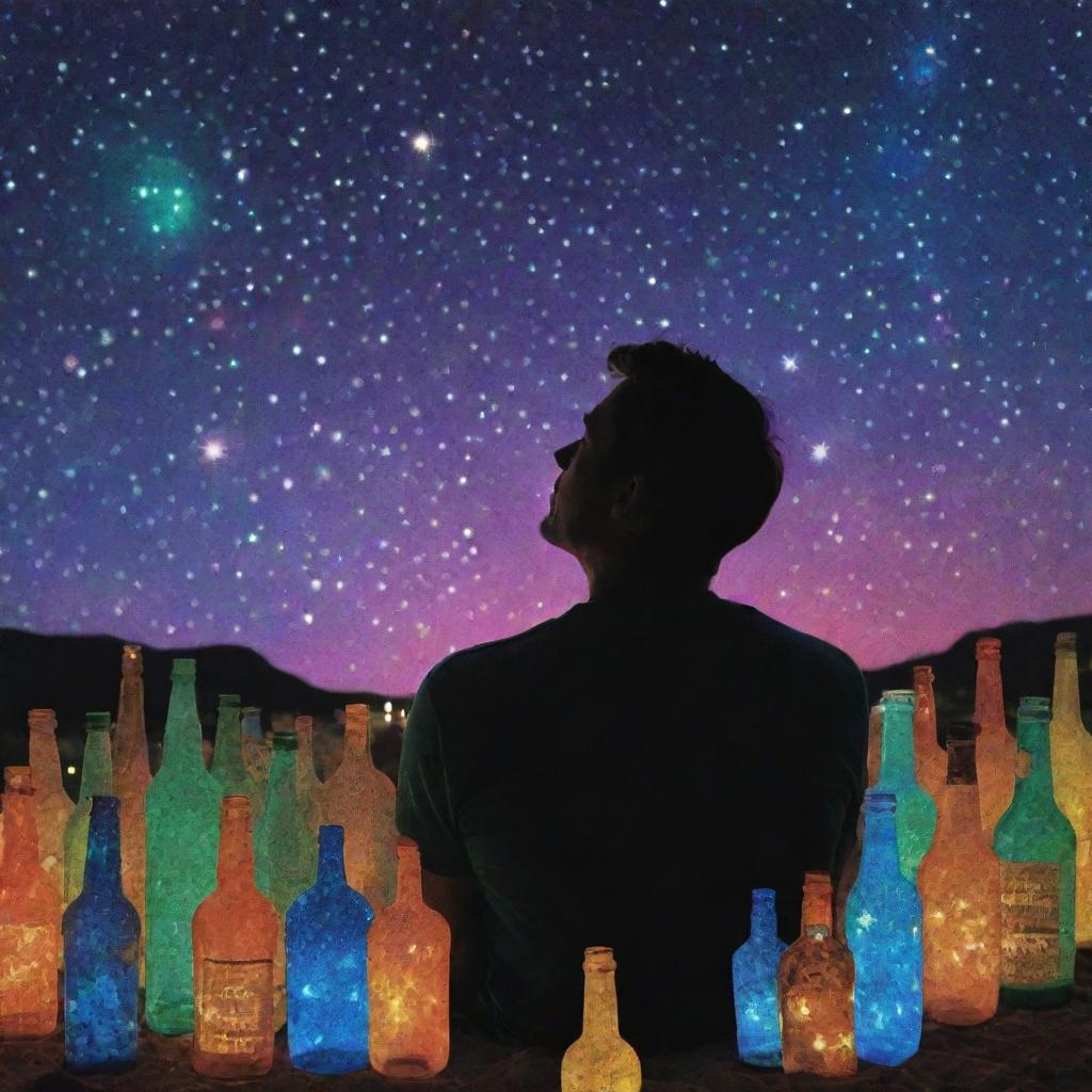 A psychedelic-style image of a man gazing at a starlit night sky, surrounded by scattered bottles of alcohol.