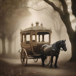 A captivating image of a beautiful vintage carriage partially disappearing into an unknown realm