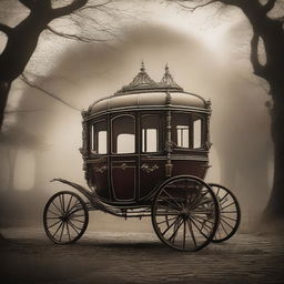 A captivating image of a beautiful vintage carriage partially disappearing into an unknown realm