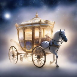 A beautiful and enchanting carriage of dreams, set against a backdrop of swirling mist and stars