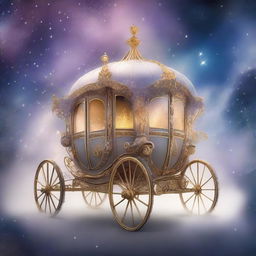 A beautiful and enchanting carriage of dreams, set against a backdrop of swirling mist and stars