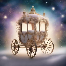 A beautiful and enchanting carriage of dreams, set against a backdrop of swirling mist and stars