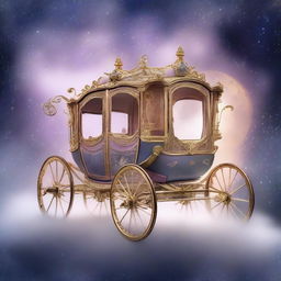 A beautiful and enchanting carriage of dreams, set against a backdrop of swirling mist and stars