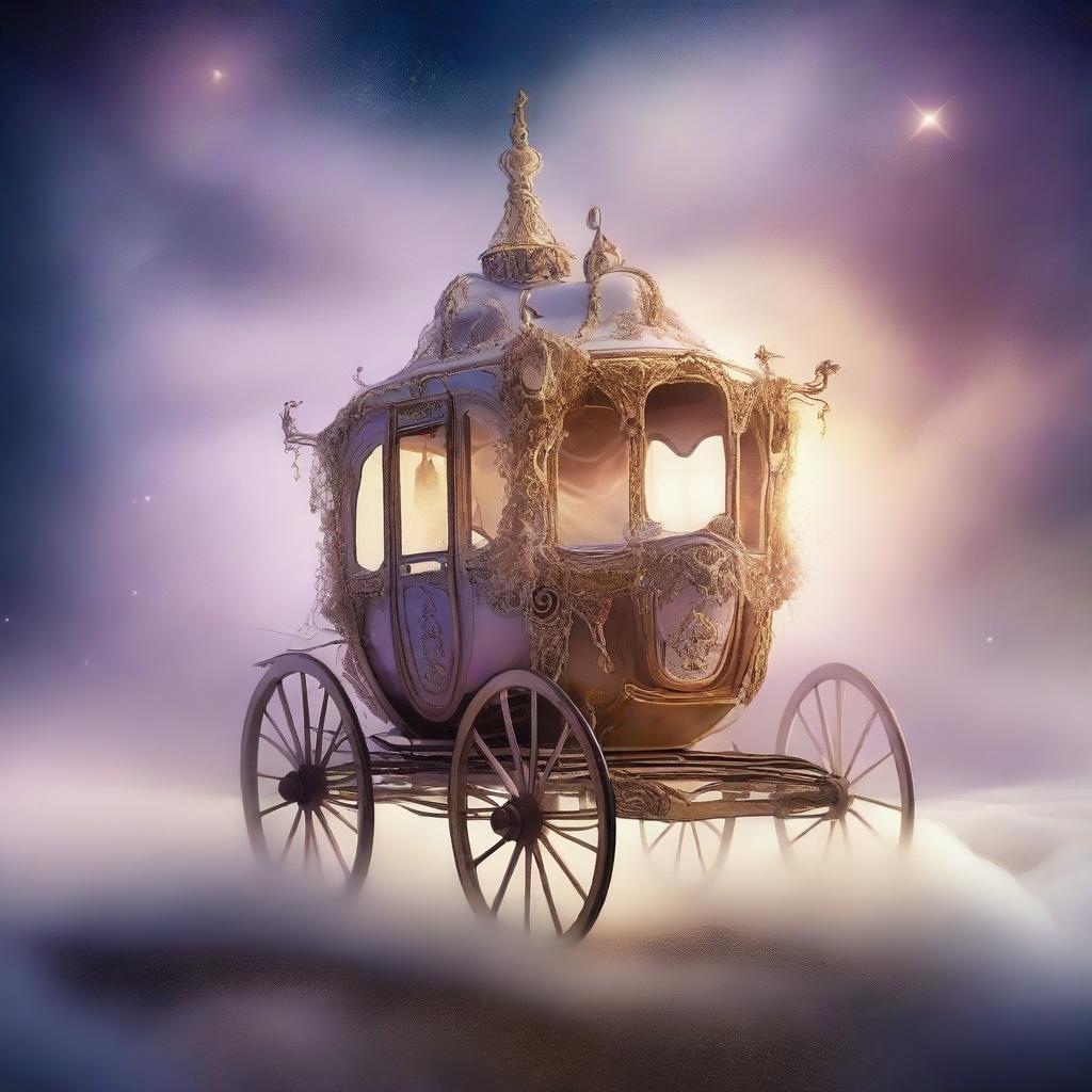 An enchanting carriage of dreams, traveling through a mystical landscape filled with swirling mist and stars