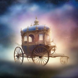 An enchanting carriage of dreams, traveling through a mystical landscape filled with swirling mist and stars