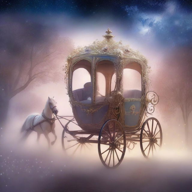 An enchanting carriage of dreams, traveling through a mystical landscape filled with swirling mist and stars