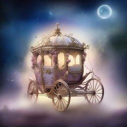 An enchanting carriage of dreams, traveling through a mystical landscape filled with swirling mist and stars