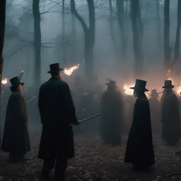 A dramatic scene featuring Abraham Lincoln in an epic battle against a group of witches