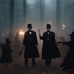 A dramatic scene featuring Abraham Lincoln in an epic battle against a group of witches