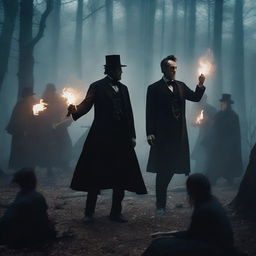 A dramatic scene featuring Abraham Lincoln in an epic battle against a group of witches