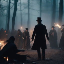 A dramatic scene featuring Abraham Lincoln in an epic battle against a group of witches