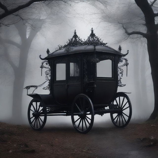 A dark and mysterious carriage of dreams, journeying through a shadowy, mystical landscape filled with swirling mist and faint glimmers of light