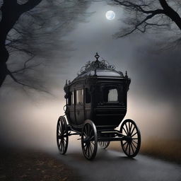 A dark and mysterious carriage of dreams, journeying through a shadowy, mystical landscape filled with swirling mist and faint glimmers of light