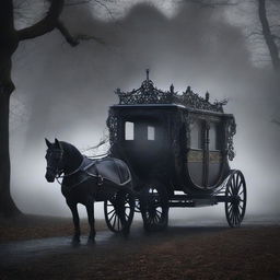 A dark and mysterious carriage of dreams, journeying through a shadowy, mystical landscape filled with swirling mist and faint glimmers of light