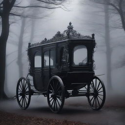 A dark and mysterious carriage of dreams, journeying through a shadowy, mystical landscape filled with swirling mist and faint glimmers of light