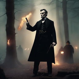 An epic and imaginative scene featuring Abraham Lincoln in a dramatic battle against witches