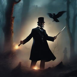 An epic and imaginative scene featuring Abraham Lincoln in a dramatic battle against witches