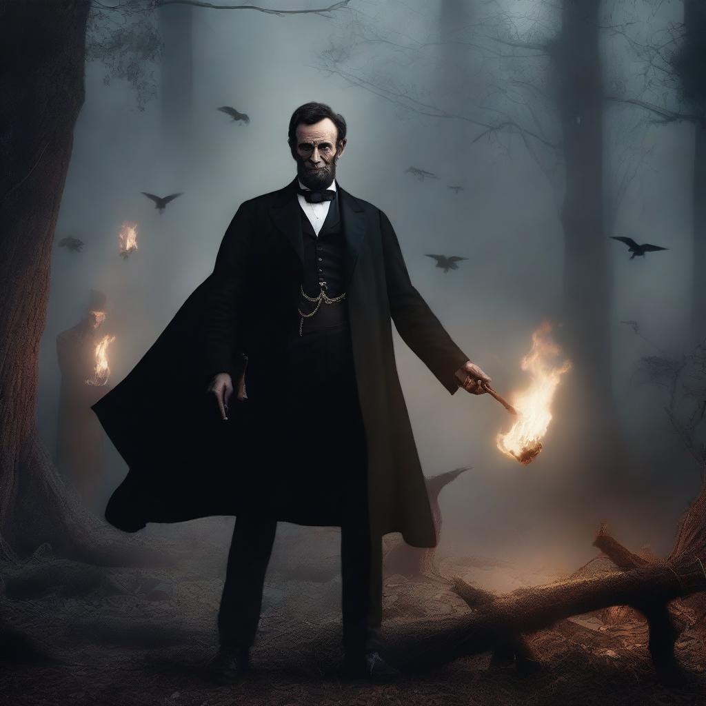 An epic and imaginative scene featuring Abraham Lincoln in a dramatic battle against witches