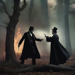 An epic and imaginative scene featuring Abraham Lincoln in a dramatic battle against witches