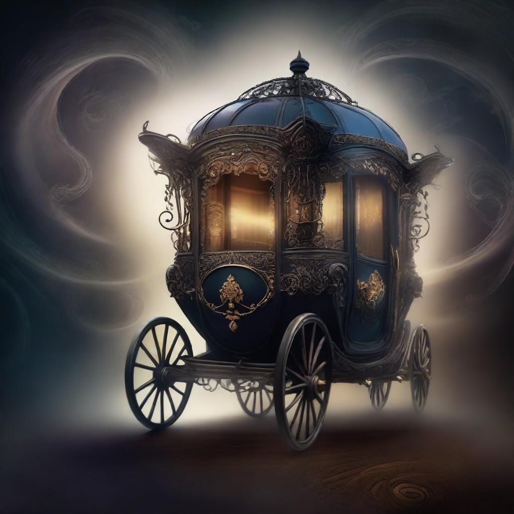 An enchanting image of a dark, mysterious carriage of dreams, partially disappearing into a swirling vortex