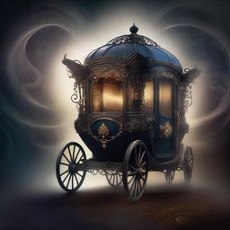 An enchanting image of a dark, mysterious carriage of dreams, partially disappearing into a swirling vortex