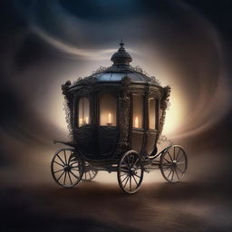 An enchanting image of a dark, mysterious carriage of dreams, partially disappearing into a swirling vortex