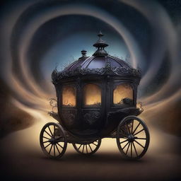 An enchanting image of a dark, mysterious carriage of dreams, partially disappearing into a swirling vortex