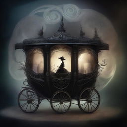 An enchanting image of a dark, mysterious carriage of dreams, partially disappearing into a swirling vortex