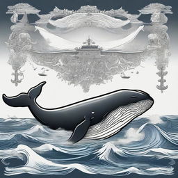 A majestic right whale adorned with pirate and Viking symbols